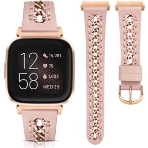 Minyee Leather Band Compatible with Fitbit Versa 2/Fitbit Versa/Versa Lite Bands Women, Dressy Premium Leather Designer Strap with Stainless Steel Metal Chain for Versa 2 Smartwatch Accessories (Pink/Rose Gold)
