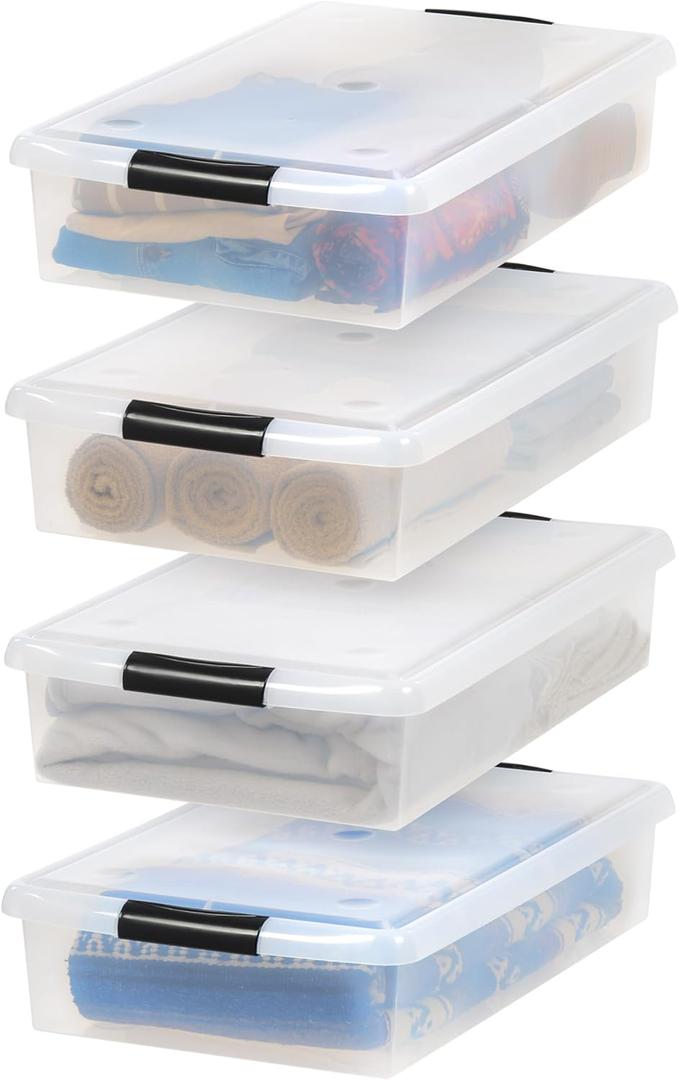 IRIS USA 40 Qt Plastic Under Bed Storage Nestable Organizer Bin Container with Secure Lids and Durable Buckles, 4-Pack, Under Bed Storage Containers for Clothes Shoes Bedding, Black/Clear