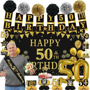 Trgowaul 50th Birthday Decorations for Men Women, 22pcs Black Gold Birthday Party Supplies, Banner, Hanging Swirl Flag, 50th Sash&Pompoms, Balloons, 50 Year Old Party Decorations Set