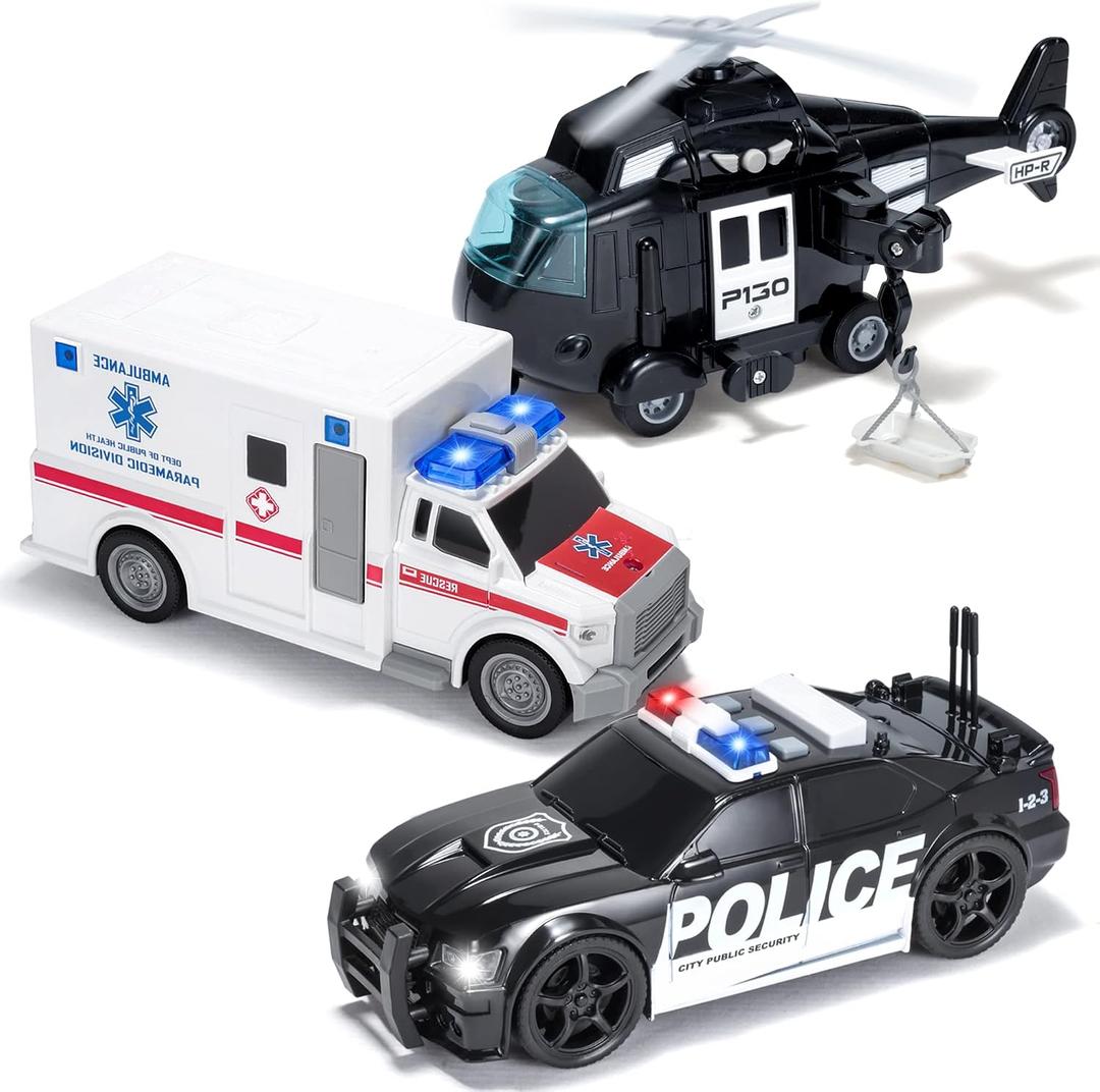JOYIN Toddler Truck Toys for 3 4 5 6 7 Year Old Boys - Police Car Toy Set, Emergency Vehicle Playset, Friction Powered Car with Lights and Sounds, Birthday Gifts for Boys Girls Age 3-9