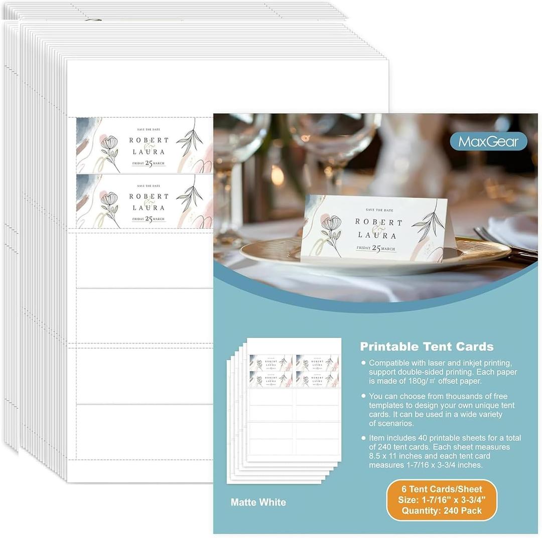 MaxGear Printable Place Cards, 240Pcs Blank Tent Cards for Table Setting, 1-7/16" x 3-3/4" Matte White Name & Seating Card, Blank Place Card for Laser/Inkjet Printers