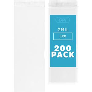 3" x 8" Long Zip Bags, 200 Pack, Clear Plastic Reclosable Zip Baggies, 2 Mil Thick, Resealable Poly Bags for Packaging Insence, Necklaces, Jewelry & Office Supplies. GPI