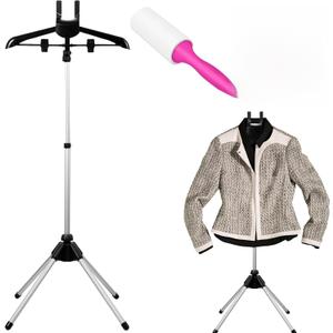 Foldable Garment Steamer Stand with Lint Roller for Clothes, Adjustable Steamer Rack with Two Clips for Suit Shirt Overcoat Vest, Steam Iron Stand for Bedroom Cloakroom Hotel