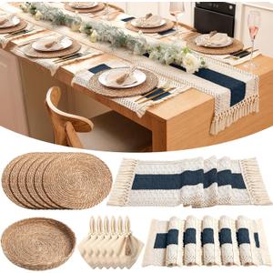 6 Sets Boho Kitchen Decoration Placemats Round Woven Placemats, Cloth Napkins, Wood Bead Napkin Rings, Long Table Runner and Farmhouse Burlap Cotton for Table (Blue,Classic)