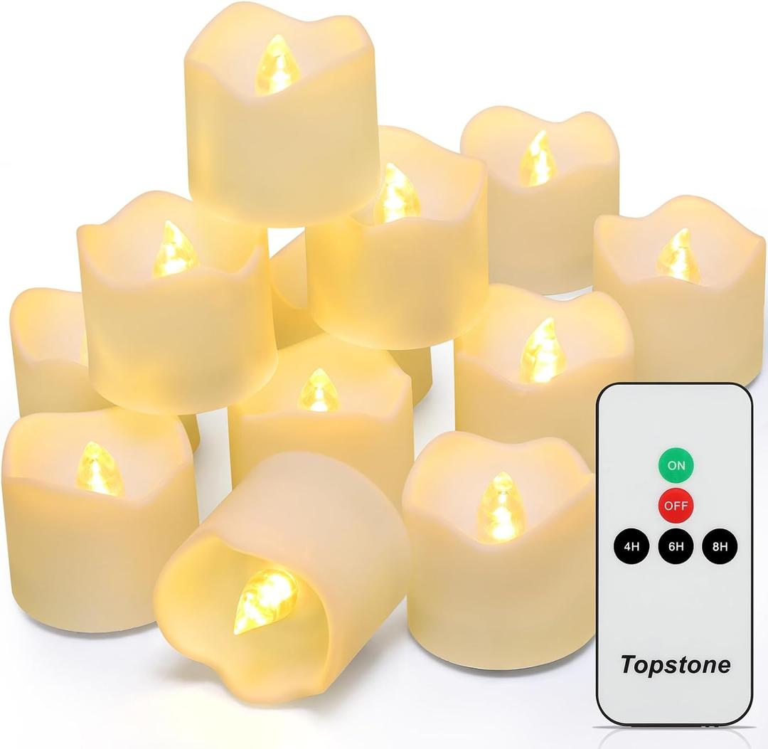 Topstone Remote Controlled Led Tea Lights,Flameless Candles with Timer,CR2450 Battery Powered Candles, Electric Votive Candle,for Festival Decoration and Wedding,Pack of 12,Warm White Light Color