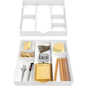 CAXXA 3 Slot Drawer Organizer with 4 Adjustable Dividers - 7 Compartments Junk Drawer Storage for Makeup & Vanity, Office Desk Supplies and Accessories,WHITE (2 Pack)