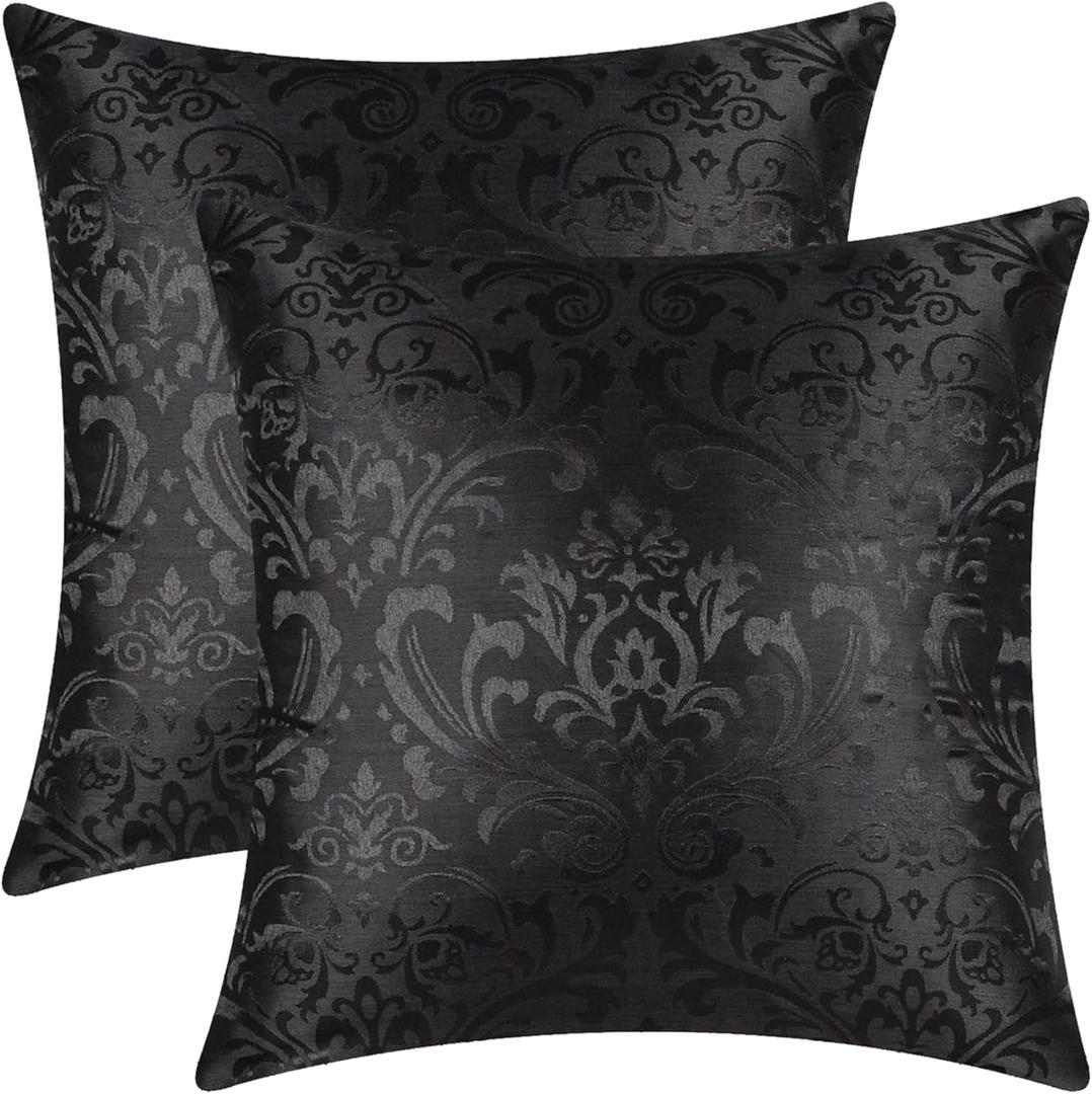 CaliTime Pack of 2 Throw Pillow Covers Cases for Couch Sofa Home Decoration Vintage Damask Floral Shining & Dull Contrast 18 X 18 Inches Black