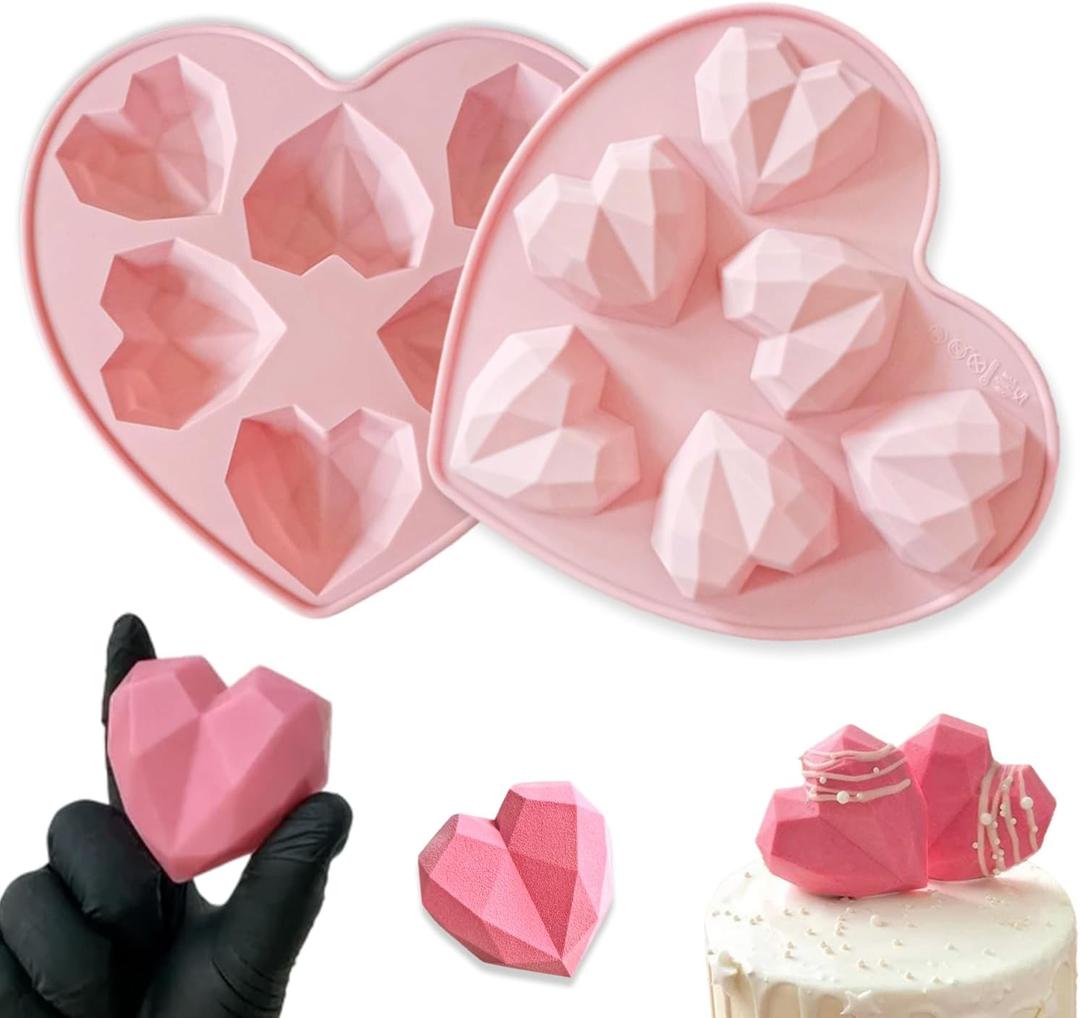 2 Pcs Valentines Chocolate Silicone Molds,12-Cavities Pink Chocolate Silicone Mold Diamond Heart Shape Candy Molds,Non-Stick Baking Molds for Valentine Party Decor, Candy,Cake Dessert Making (Colour 6)