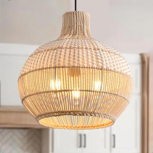 3-Light Rattan Pendant Light Fixture, 15" Hand-Woven White Wicker Basket Chandelier Boho Faux Rattan Hanging Lamp,for Dining Living Bedroom Kitchen