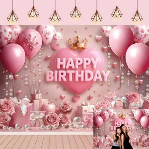Pink Happy Birthday Backdrop Rose Gold Floral Heart Crown Balloon Elegant Photography Background Girls Princess Women Birthday Baby Shower Party Decor Banner Photo Supplies (8x6FT)