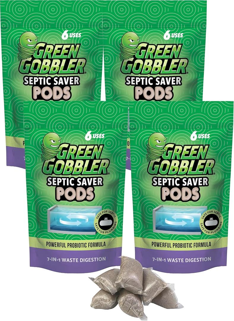 Green Gobbler Septic Tank Treatment Packets - Natural Bacteria to Prevent Costly Septic Issues, Back-Ups, Foul Odor (24 Pods)