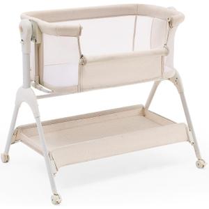 HARPPA Cuddly Sway Baby Bassinet Bedside Sleeper, 3 in 1 Rocking Bassinet with Mattress and Soft Cover, Full Mesh Sides, 5 Height Adjustable with Wheels for Newborns, Beige, Crib