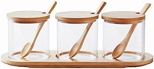 Condiment Containers with lids 3 pack Seasoning Box Condiment Pots Jars with Spoons Container for Spice Salt Sugar Cruet (bamboo 1set)