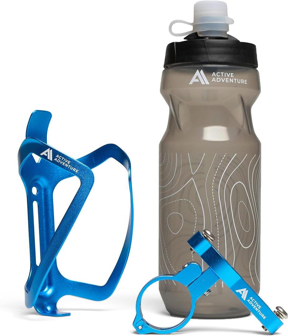 Bike Water Bottle Holder Combo - 20 Oz Squeeze Bottle & Bicycle Mount Cage Rack, No Screws Needed, Durable Alloy - Fits All Handlebar Bikes & MTB Mountain Road - for Adults, Kids (Blue)