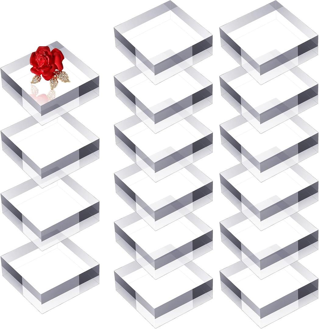16 Pcs Clear Acrylic Display Blocks 2 x 2 x 0.8 Inch Polished Square Acrylic Cube Jewelry Display Stand Holder Base for Ring Showcase, Collectibles, Figurines