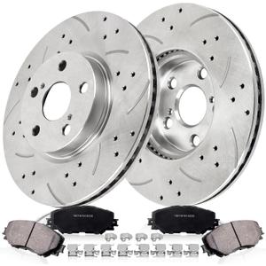 Front Drilled and Slotted Brake Pads and Rotors Kit Ceramic Automotive Replacement Brake Kits Vented 10.83 Inch Compatible for Toyota Corolla Matrix 2008-2019 (18 Pcs)