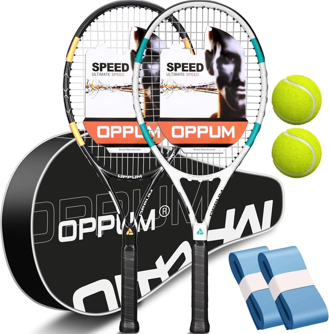 2-Pack Adult Tennis Rackets, 105 Sq Inch Oversized Head Pre-Strung for Beginners and Intermediate, Arm Friendly Vibration Control Set with Bag and Balls, 27"