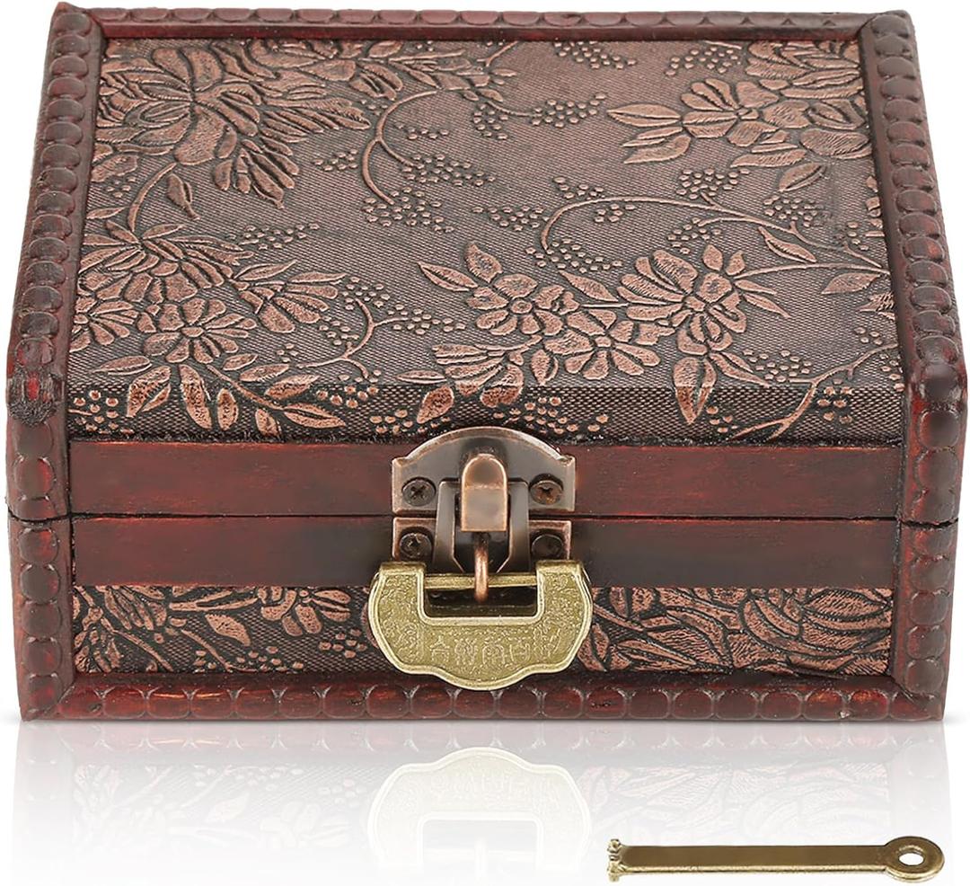 Vintage Decorative Wooden Box with lock and key, Wooden Box with Hinged Lid Jewelry Keepsake Storage Treasure Jewelry Chest
