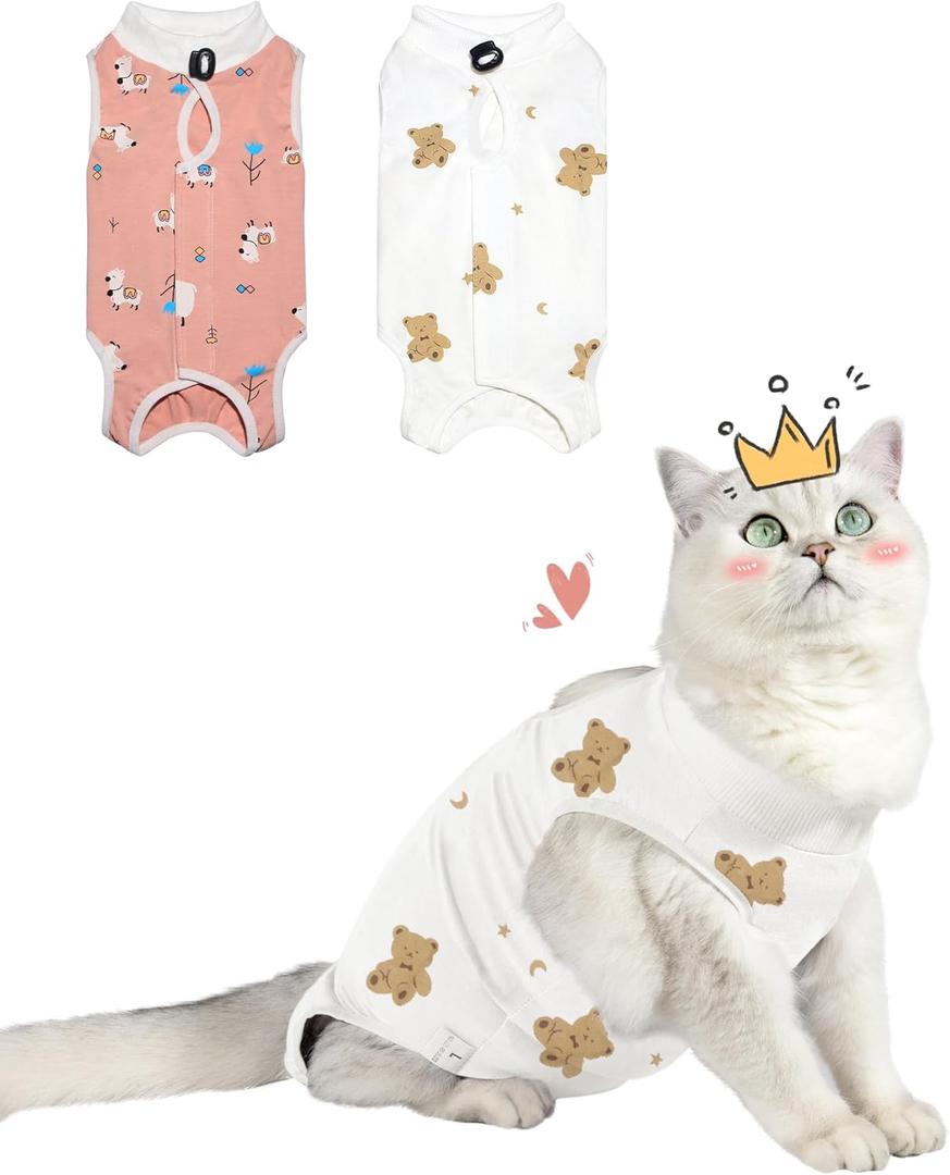 Cat Spay Recovery Suit Female, Breathable Cat Onesie for Cats After Surgery Female, Kitten Surgery Recovery Suit for Abdominal Wounds (Small, Alpaca + Bear)