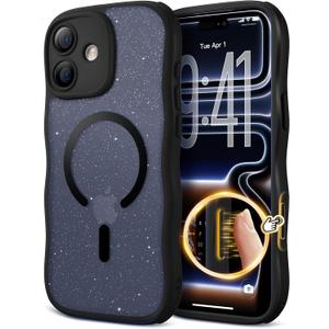 for iPhone 17 Case for Women Girls,Compatible with MagSafe,Camera Control,Full Camera Protection, Cute Wave Magnetic Phone Case for iPhone 17,Black Shimme