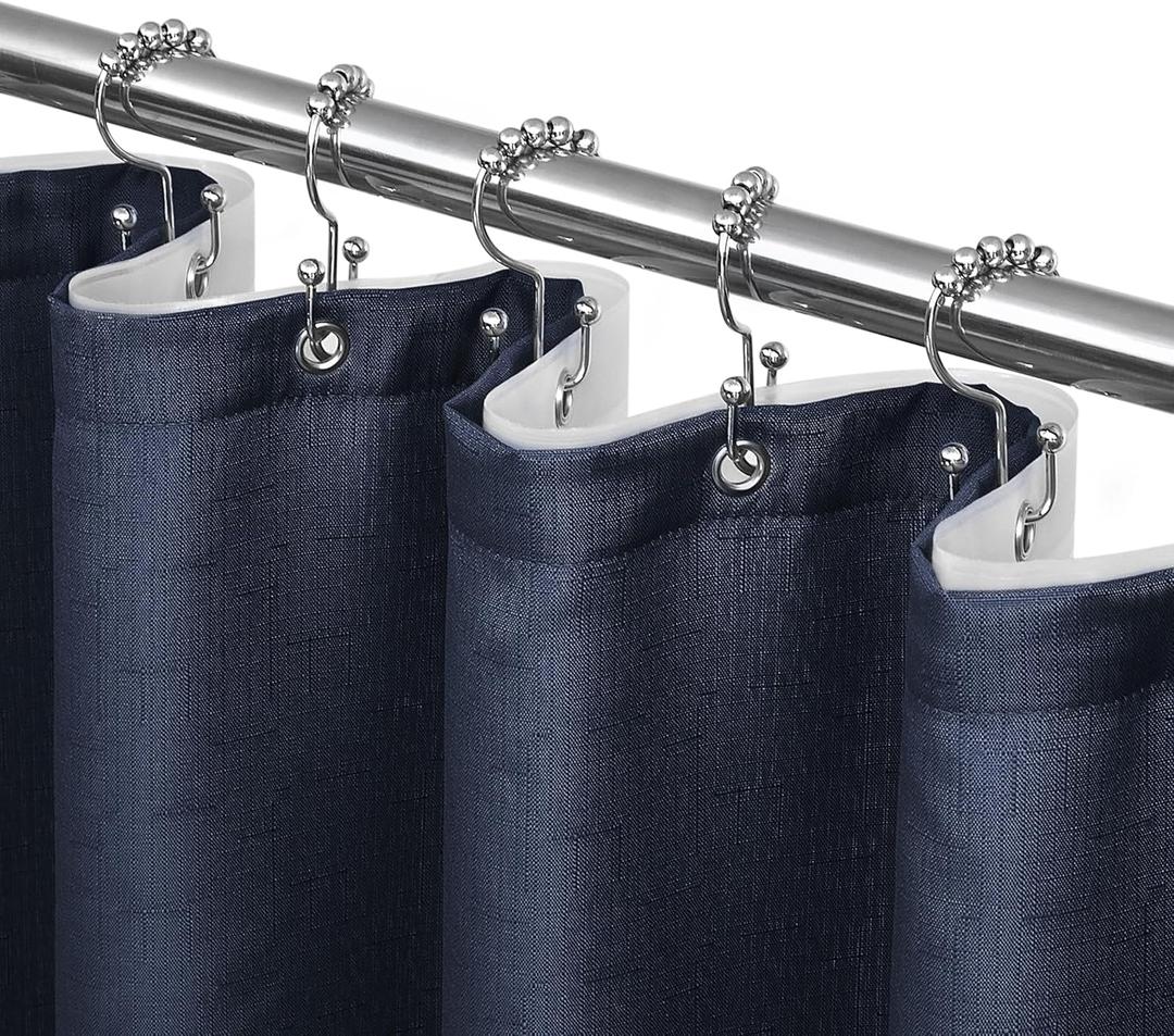 Shower Curtain and Liner Set with 12 Double Sided Shower Curtain Hooks, 3 in 1 Shower Curtain Set, Cloth Shower Curtains for Bathroom,Waterproof, Navy Blue 72" W*72" H