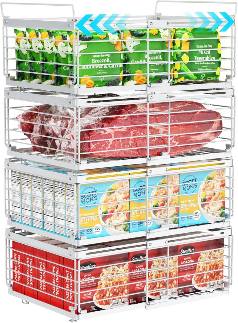 iSPECLE 4 Pack Freezer Organizer Bins - Fit 10 to 20 Cu.Ft Deep Freezer, Expandable Wire Storage Chest Freezer Baskets for Frozen Food, Stackable with Handles, White