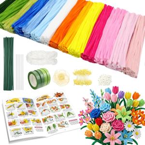 beanicus 700 PCS Pipe Cleaners Craft, Pipe Cleaners Flowers Kit with Handle, 14 Colors Chenille Stems with 18 Flowers Instruction, Art and Craft Supplies