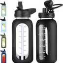 EALGRO 32 oz Glass Water Bottle with Straw and Handle, Sports Motivational Water Flask with Silicone Sleeve, Large Leakproof Water Flask Cup with Time Marker for Travel, Gym, Black