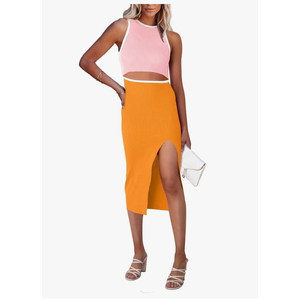 PRETTYGARDEN Women's Summer Midi Bodycon Dresses Casual Crew Neck Side Slit Sleeveless Knit Cut Out Tank Top Dress size M