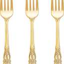 Joyido 150PCS Gold Plastic Forks - 8.1inch Gold Forks Disposable - Vintage Heavy Duty Dessert Forks - Premium Fancy Plastic Silverware for Parties, Weddings, Dinners and Events