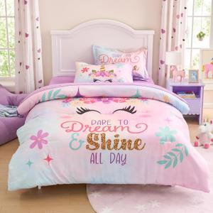 Joiedomi Kid Twin Comforter Set 5 Piece Unicorn Bedding Set for Boys Girls Super Soft Microfiber Bed in a Bag with Comforter Sheets Pillowcase Sham (Pink Purple Unicorn)