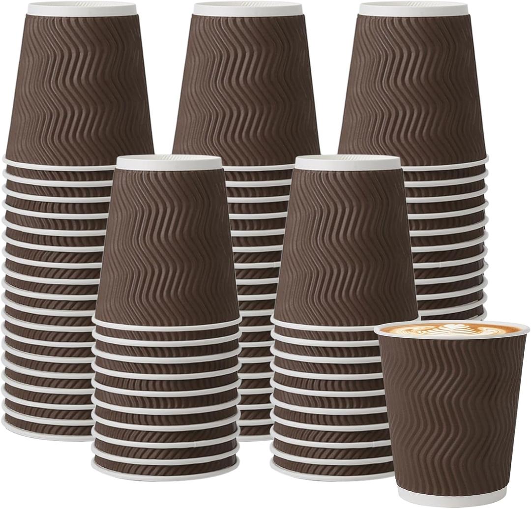 BYSNOW 150 Pack 8 oz Coffee Cups, Brown Disposable Paper Cups, Insulated Corrugated Ripple Wall Hot Beverage or Cold Drinks for Home, Party, Cafe