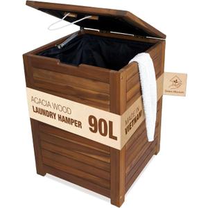 Acacia Wood Laundry Hamper With Lid, Handles And Removable Liner Bag, Tall 90L - Large Wood Laundry Basket - Clothes Hamper For Bedroom Aesthetic, Bathroom, Laundry Room, Family-Sized