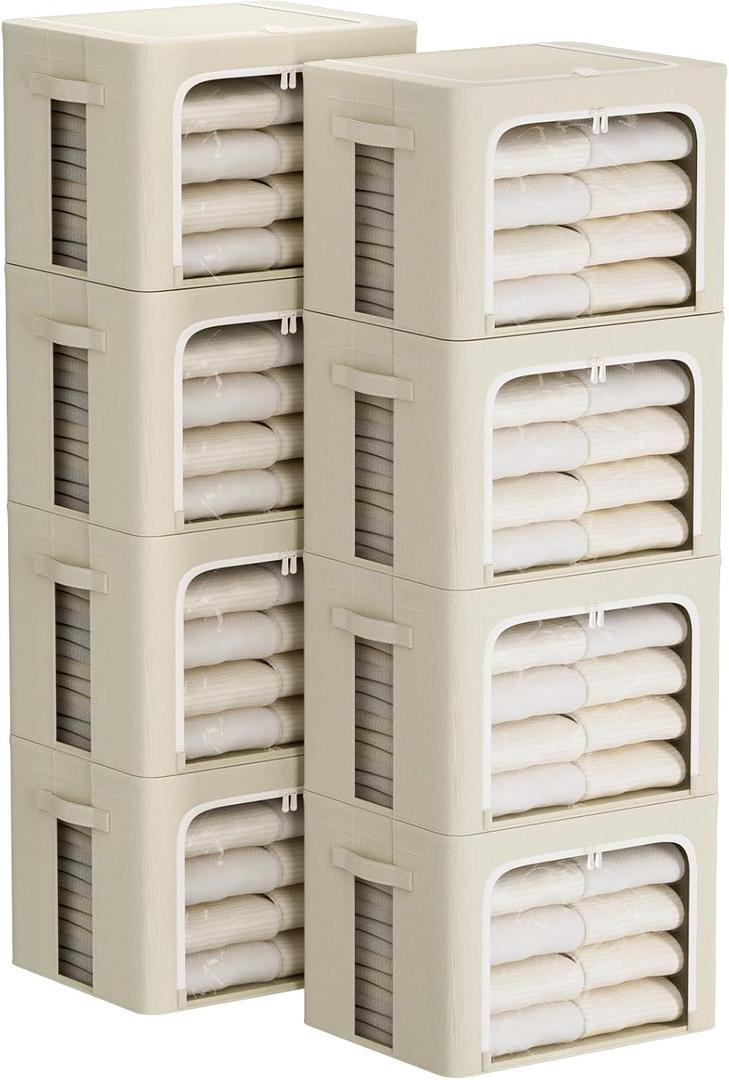 FHSQX 8 Pack Clothes Storage Bins - Foldable Storage Bins for Clothes Fabric Storage Box with Metal Frame (Beige, 19.7x15.7x13.8 inch)