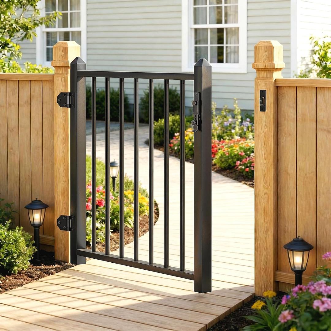 Deck Railing Gate Stainless Steel Black Textured Powder-Coat Finish Deck Gate Kit with Latch for Deck,Garden,Yard, Porch,Patio (Black, Right Hand in Swing)