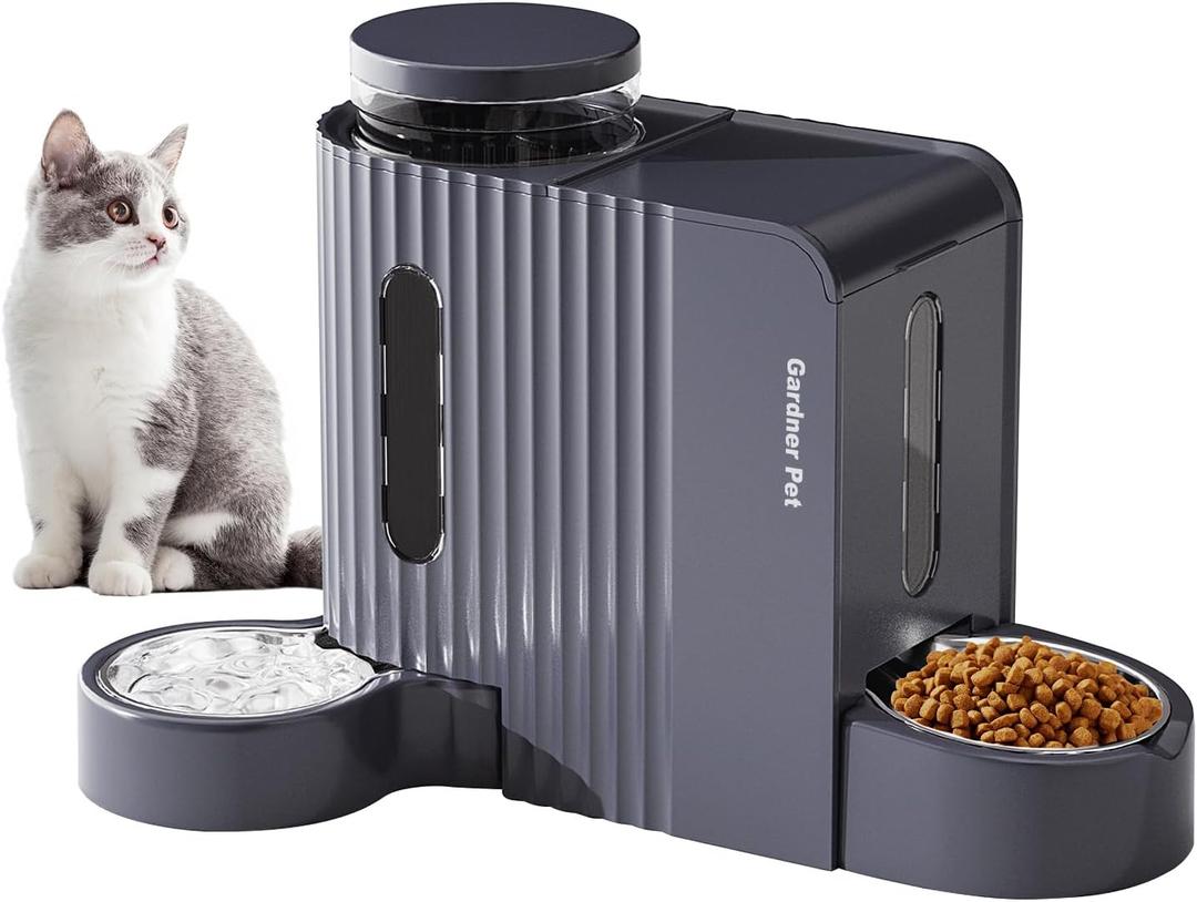 Gardner Pet Automatic Gravity Cat Food Feeder and Water Dispenser Stainless Steel Two-in-One Set Large Capacity Dispenser for Pets Dogs, Puppies, Kittens-(1.6 Gallons x 2) (Black-Grey)