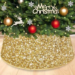 TPCSCH Gold Christmas Tree Collar 23.6 Inch Sequin Christmas Tree Ring Sparkle Xmas Tree Base Collar Round Christmas Trees Base Felt Christmas Trees Basket for Indoor Holiday Party Decorations