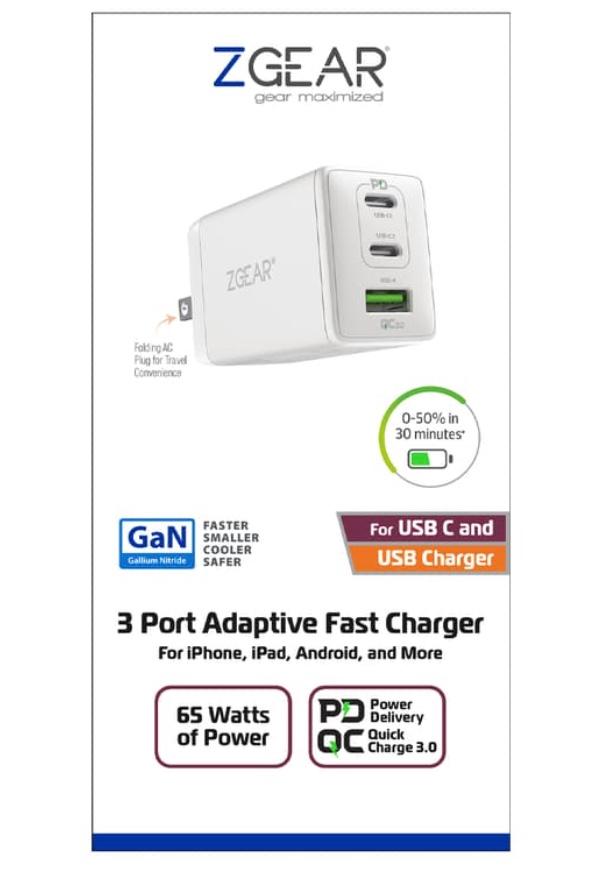 ZGear 3 Port Adaptive Fast Charger 65 Watts Of Power