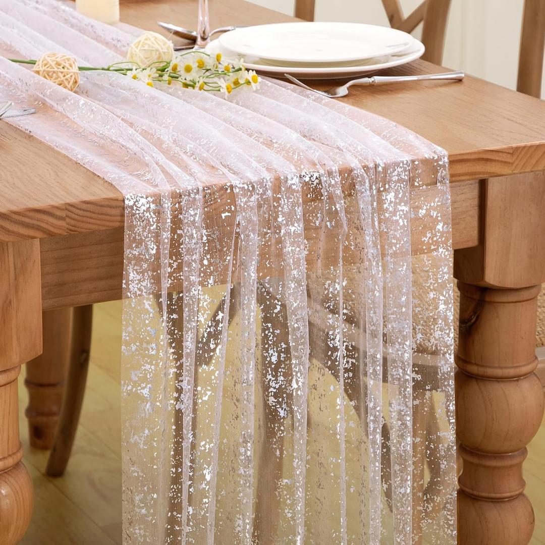 P Pothuiny 6 Pcs White Silver Table Runner 28 x 120 Inch, Glitter Metallic Foil Tulle Table Runner Party Silvery Sheer Gauze Table Decor for Wedding Birthday Christmas Anniversary