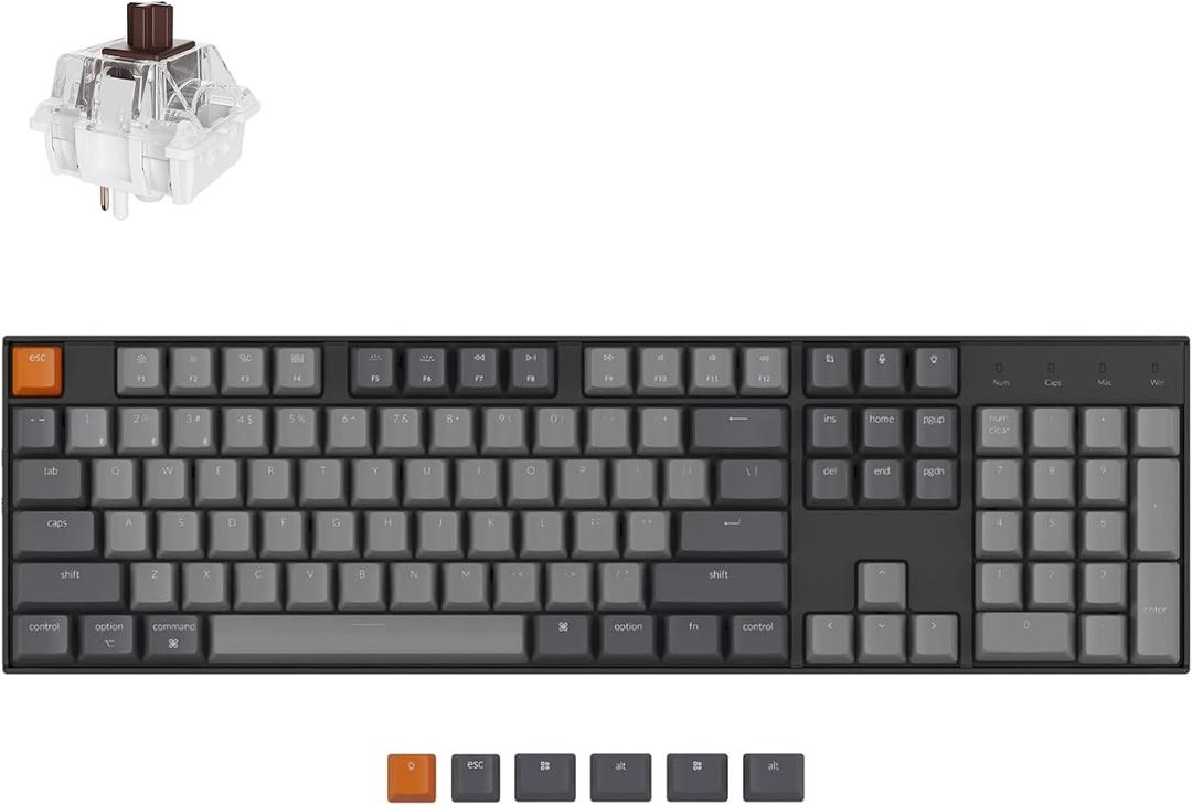 Keychron K10 Full Size 104 Keys Bluetooth Wireless Mechanical Gaming Keyboard for Mac Windows with Keychron Super Brown Switch, Multitasking/White LED Backlight/USB C Wired Computer Keyboard