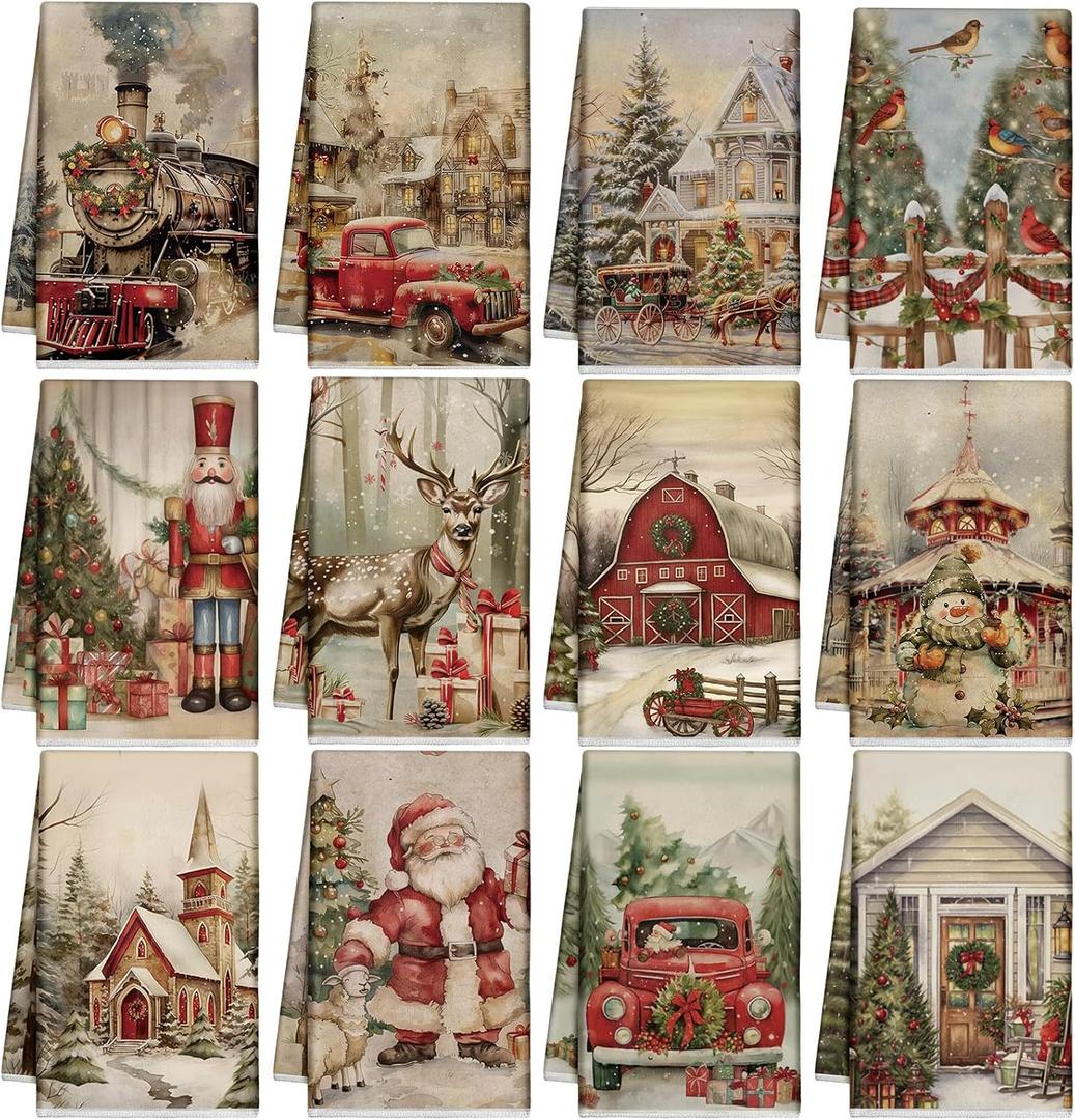 VitalCozy 12 Pcs Vintage Christmas Kitchen Towels and Tea Dishcloths Nutcracker Christmas Tree Reindeer Truck Hand Dish Towels Decoration for Xmas Home Housewarming Gift Supplies, 14.2 x 21.3 Inch