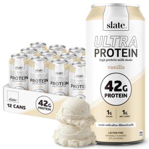 Slate Milk - Ultra Protein Shake - Vanilla - 42g Protein, 1g Sugar, 180 Calories, 1g Net Carbs - Lactose Free, No Added Sugar - Made with Ultra Filtered Milk - Breakfast Boost, Post Workout - 15 fl oz, 12 Cans (BB 10 SEP 2026)