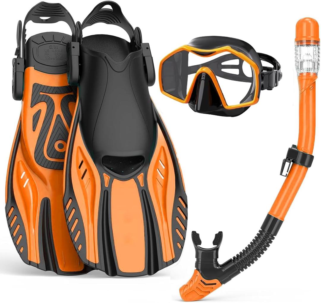 Snorkeling Gear for Adults,Mask Fins Snorkel Set,Panoramic View Diving Mask Anti-Fog,Dry Snorkel,Adjustable Swim Flippers and Travel Bag,Adults Snorkel Gear for Swimming Snorkeling Diving (ML/XL, Orange)