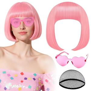 PLULON Bright Pink Bob Wig with Heart Sunglasses and Hair Cap for Women, Short Bob Wigs Synthetic Colored Funny Cosplay Hairpieces for Women Men Neon Bachelorette Halloween Costume Party Decorations