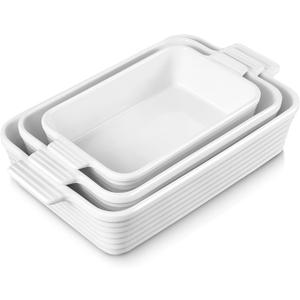 Jassceram Casserole Dishes for Oven, 3-Piece Ceramic Baking Dish Set, Rectangular Lasagna Pan Deep with Handles, Nesting Bakeware for Baking & Roasting, Oven Safe (9.6 to 13.1 Inch), White - Christmas Gift