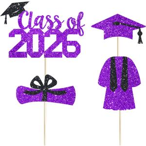 4 Pcs Class of 2026 Cake Topper Purple Glitter 2026 Graduation Party Cake Decor Congrats Grad/High School/We are So Proud of You/Happy Graduation 2026 Graduate Party Cake Supplies Decorations