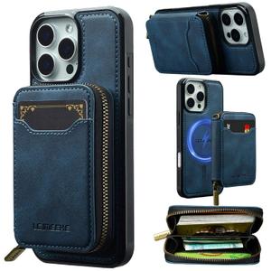 REEGINCH Magnetic Wallet Case for iPhone 17 Pro Max 6.9 Inch, 2-in-1 Detachable RFID Blocking Zipper Card Holder, Compatible with MagSafe Shockproof Flip PU Leather Case for 17 ProMax - Blue