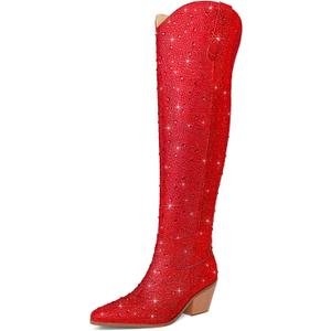 Women Rhinestone Over the Knee Cowboy Boots, Sparkly Bling Cowgirl Boots Western Thigh High Boots Pull-On Side Zippers Chunky Heel Pointed Toe Size5-12 For Fashion&Daily (Red)