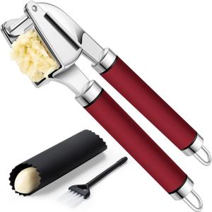 Rainspire Premium Garlic Press Stainless Steel, Garlic Mincer Tool, Garlic Crusher Tool, Garlic Smasher Garlic Masher Includes Silicone Garlic Peeler & Cleaning Brush, Dishwasher Safe (Red)