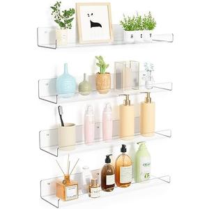 upsimples 4 Pack Acrylic Shelves for Wall Storage, 15" Floating Bookshelves for Kids, Display Shelf Organizer for Bathroom, Bedroom, Living Room, Kitchen, Room Decor, Clear